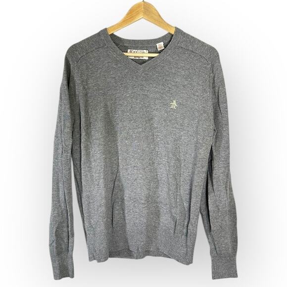 Original Penguin Pullover Sweater Men's Medium Gray V-Neck Long Sleeve Ribbed - Picture 1 of 6